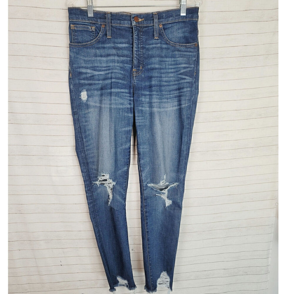MADEWELL 9" HIGH RISE SKINNY JEANS W SHARK BITE /DISTRESSED ANKLES, SZ 30